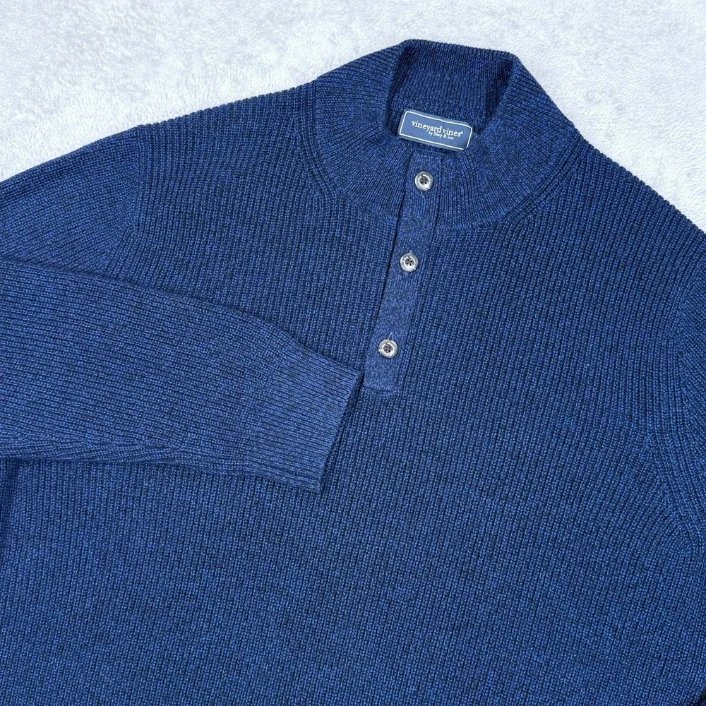 Vineyard Vines Oysterman Merino Wool Sweater Mens 2XL Blue Soft 1/4 Button Knit‎